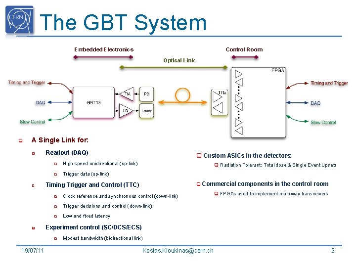 The GBT System Embedded Electronics Control Room Optical Link q A Single Link for: The GBT System Embedded Electronics Control Room Optical Link q A Single Link for: