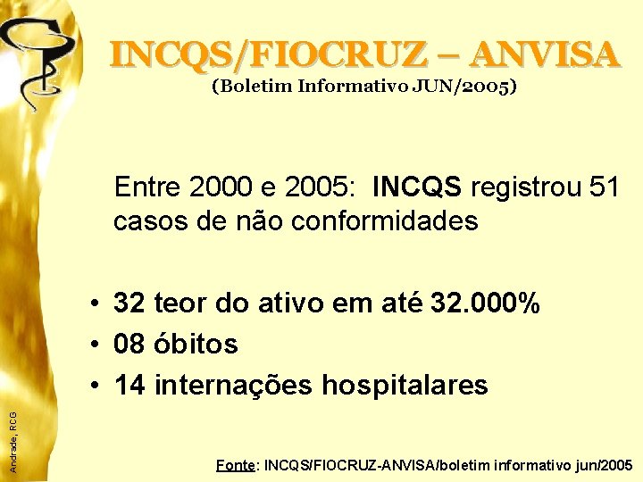 INCQS/FIOCRUZ – ANVISA (Boletim Informativo JUN/2005) Entre 2000 e 2005: INCQS registrou 51 casos