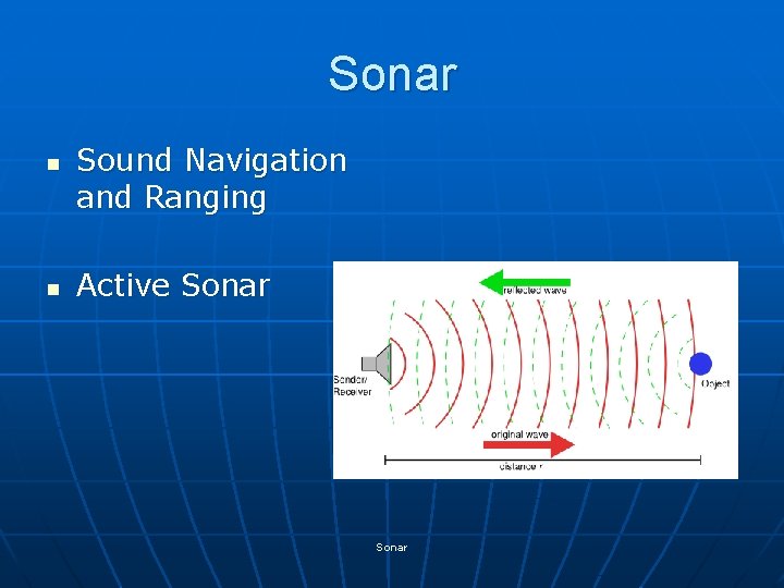 Sonar n n Sound Navigation and Ranging Active Sonar 