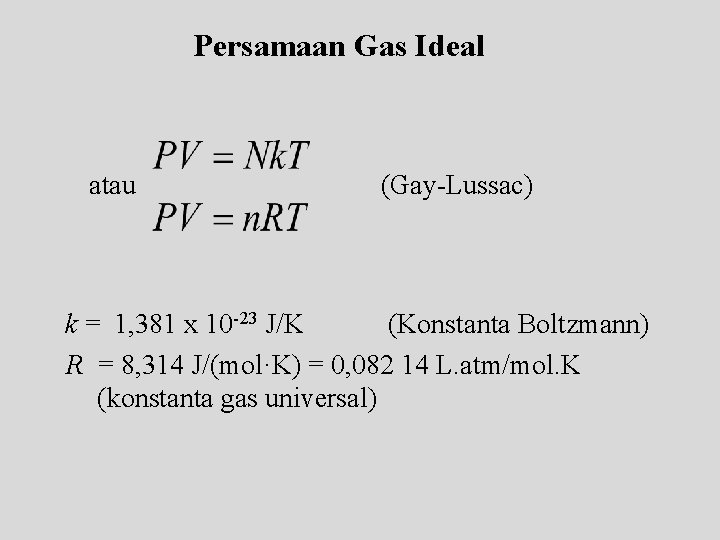 Persamaan Gas Ideal atau (Gay-Lussac) k = 1, 381 x 10 -23 J/K (Konstanta