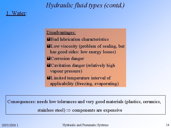 Hydraulic fluid types (contd. ) 1. Water: Disadvantages: =Bad lubrication characteristics =Low viscosity (problem