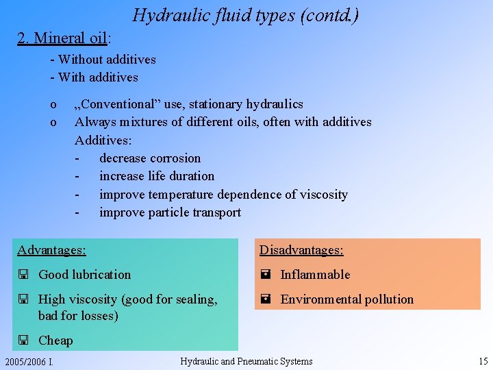 Hydraulic fluid types (contd. ) 2. Mineral oil: - Without additives - With additives