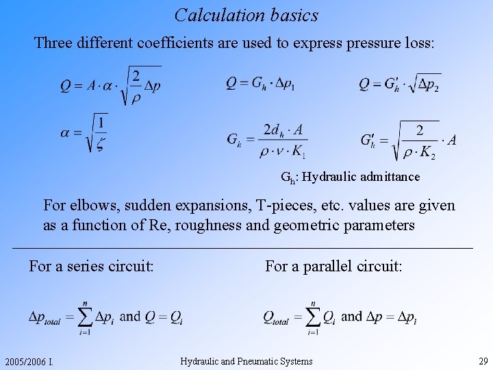 Calculation basics Three different coefficients are used to expressure loss: Gh: Hydraulic admittance For