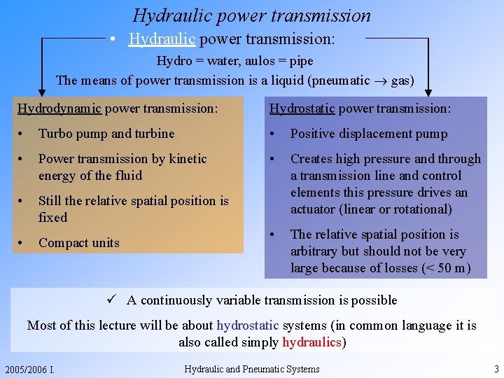 Hydraulic power transmission • Hydraulic power transmission: Hydro = water, aulos = pipe The