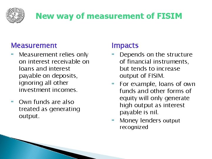 New way of measurement of FISIM Measurement Impacts Measurement relies only on interest receivable