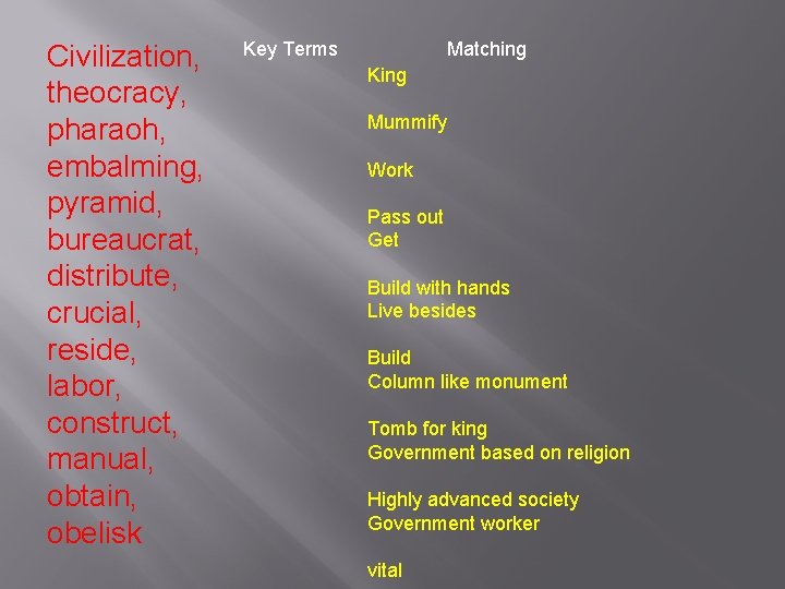 Civilization, theocracy, pharaoh, embalming, pyramid, bureaucrat, distribute, crucial, reside, labor, construct, manual, obtain, obelisk