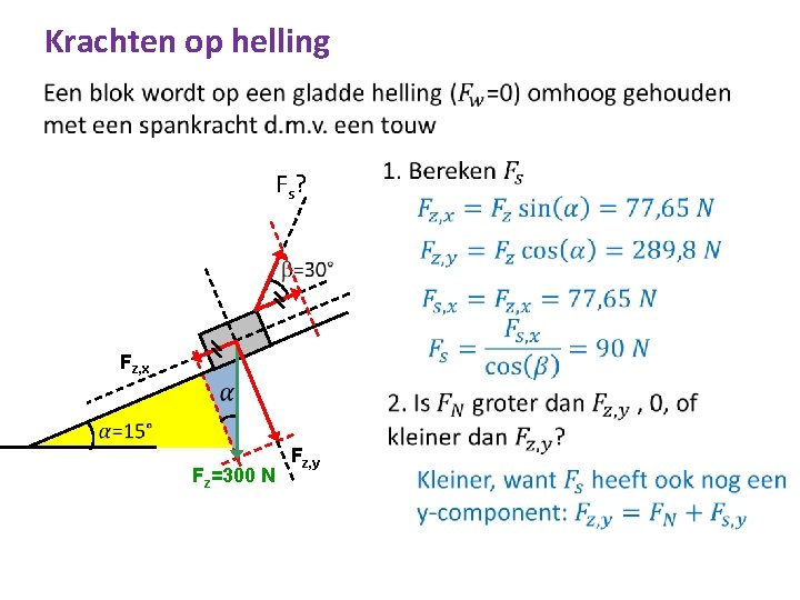 Krachten op helling F s? Fz, x Fz=300 N Fz, y Krachten op helling F s? Fz, x Fz=300 N Fz, y