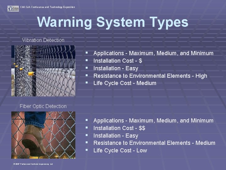 CMI-CJA Conference and Technology Exposition Warning System Types Vibration Detection § § § Applications