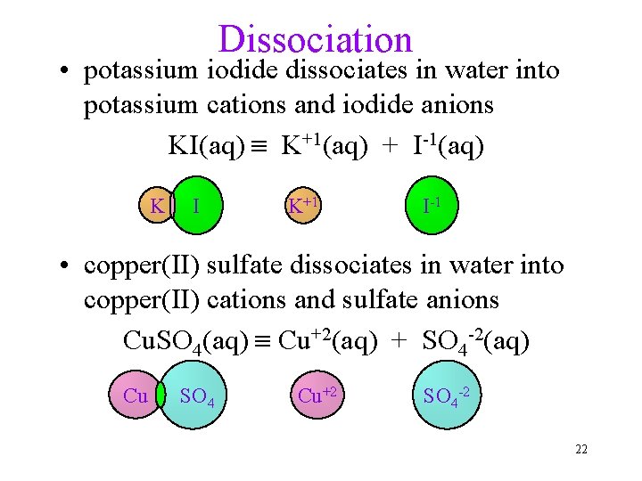 Dissociation • potassium iodide dissociates in water into potassium cations and iodide anions KI(aq)