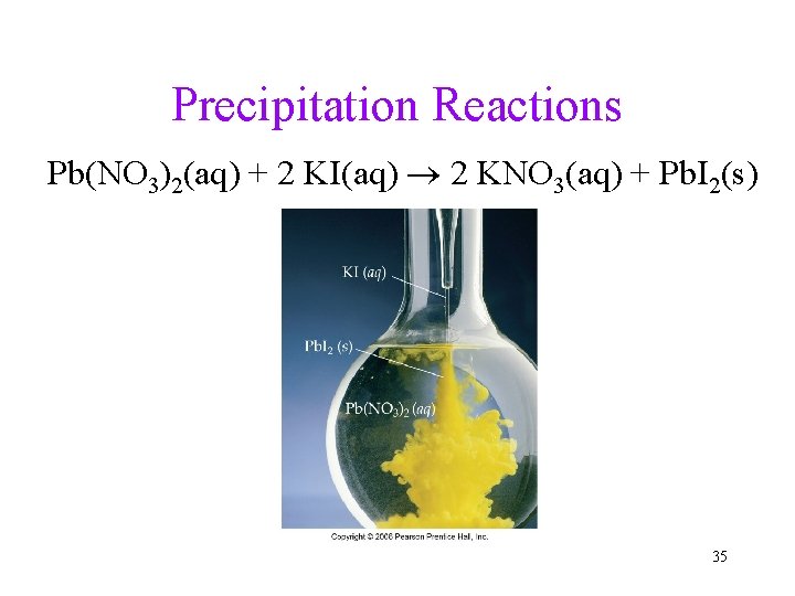 Precipitation Reactions Pb(NO 3)2(aq) + 2 KI(aq) 2 KNO 3(aq) + Pb. I 2(s)
