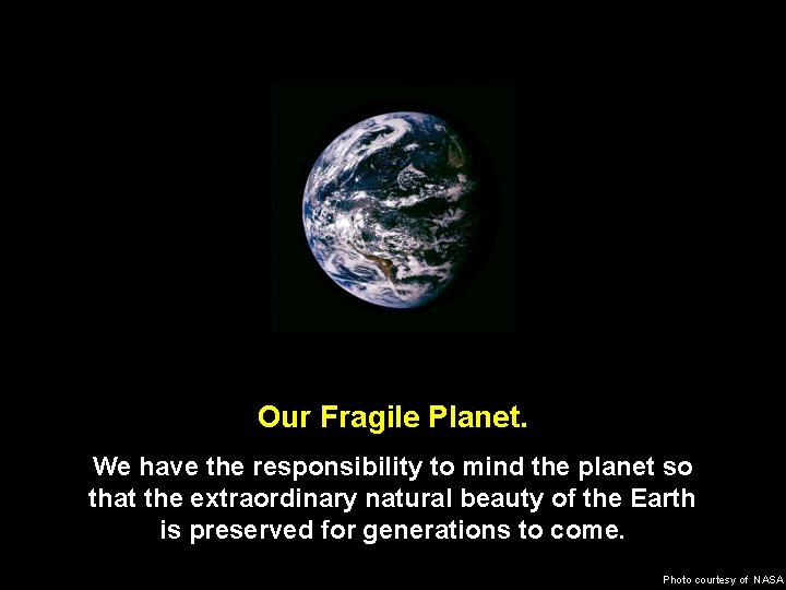 Our Fragile Planet. We have the responsibility to mind the planet so that the Our Fragile Planet. We have the responsibility to mind the planet so that the