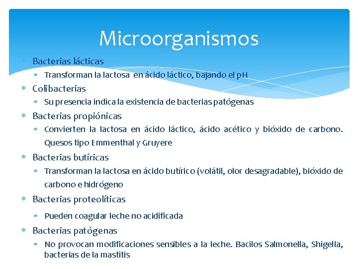 Microorganismos Bacterias lácticas Transforman la lactosa en ácido láctico, bajando el p. H Colibacterias Microorganismos Bacterias lácticas Transforman la lactosa en ácido láctico, bajando el p. H Colibacterias