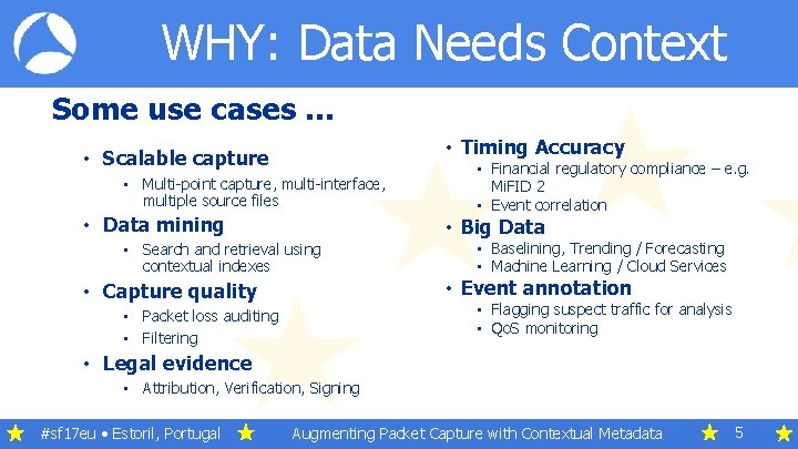 WHY: Data Needs Context Some use cases … • Timing Accuracy • Scalable capture