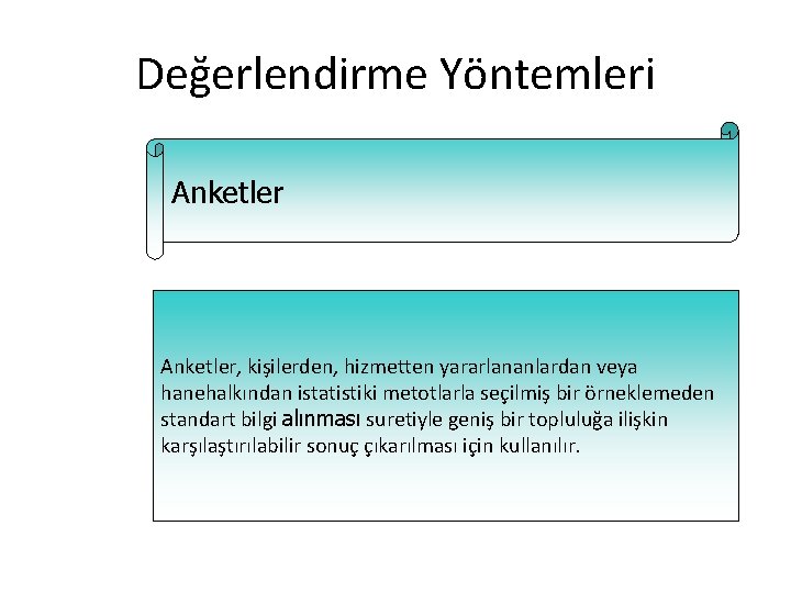 Değerlendirme Yöntemleri Anketler, kişilerden, hizmetten yararlananlardan veya hanehalkından istatistiki metotlarla seçilmiş bir örneklemeden standart