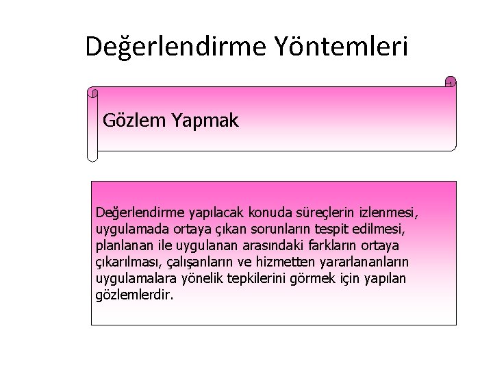 Değerlendirme Yöntemleri Gözlem Yapmak Değerlendirme yapılacak konuda süreçlerin izlenmesi, uygulamada ortaya çıkan sorunların tespit