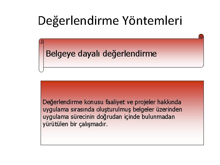 Değerlendirme Yöntemleri Belgeye dayalı değerlendirme Değerlendirme konusu faaliyet ve projeler hakkında uygulama sırasında oluşturulmuş