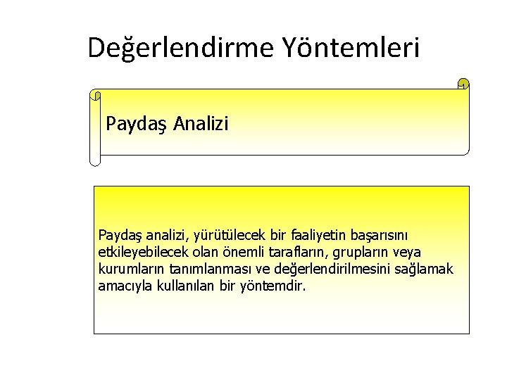 Değerlendirme Yöntemleri Paydaş Analizi Paydaş analizi, yürütülecek bir faaliyetin başarısını etkileyebilecek olan önemli tarafların,