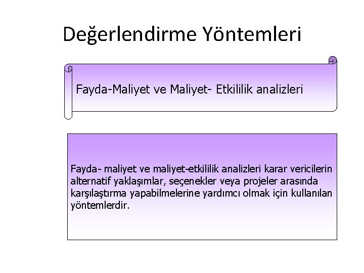 Değerlendirme Yöntemleri Fayda-Maliyet ve Maliyet- Etkililik analizleri Fayda- maliyet ve maliyet-etkililik analizleri karar vericilerin