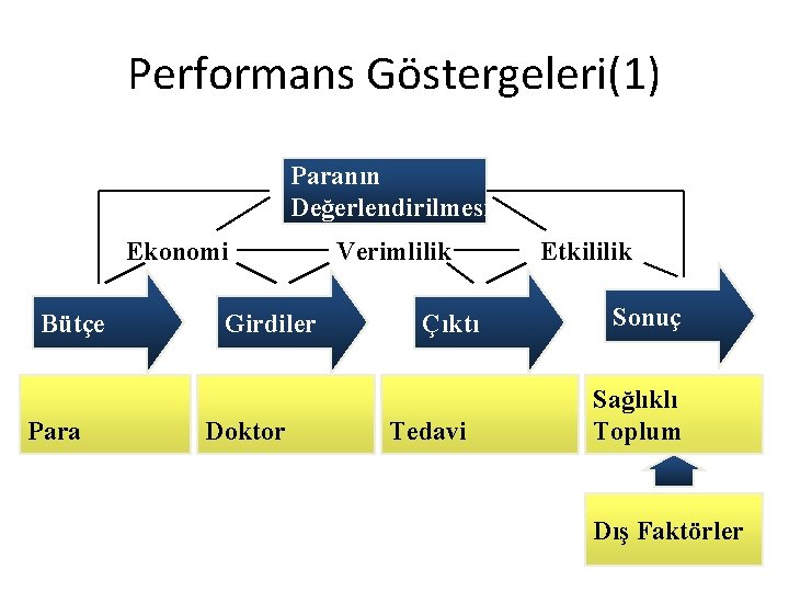 Performans Göstergeleri(1) Paranın Değerlendirilmesi Ekonomi Bütçe Para Girdiler Doktor Verimlilik Çıktı Tedavi Etkililik Sonuç