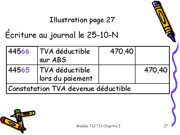 Illustration page 27 Écriture au journal le 25 -10 -N 44566 TVA déductible 470,