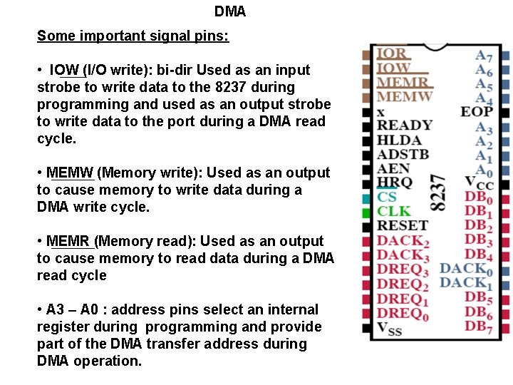 DMA Some important signal pins: • IOW (I/O write): bi-dir Used as an input