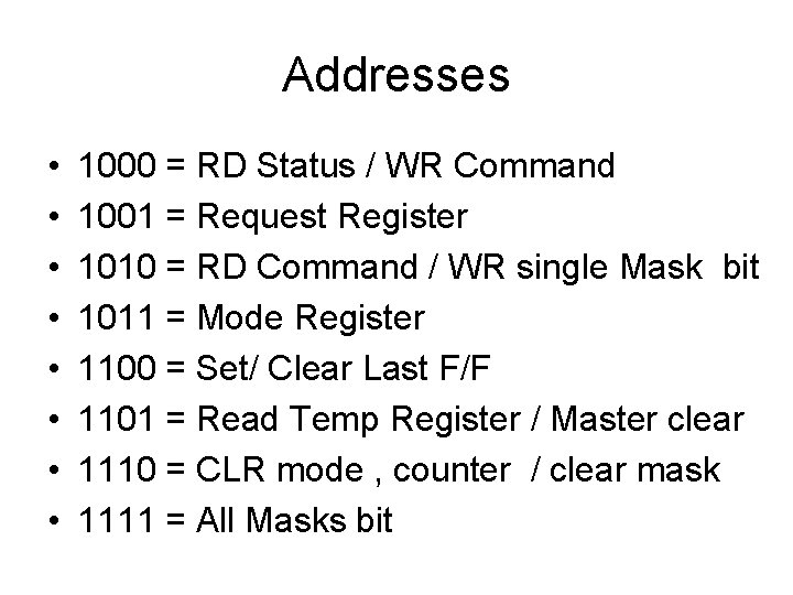 Addresses • • 1000 = RD Status / WR Command 1001 = Request Register