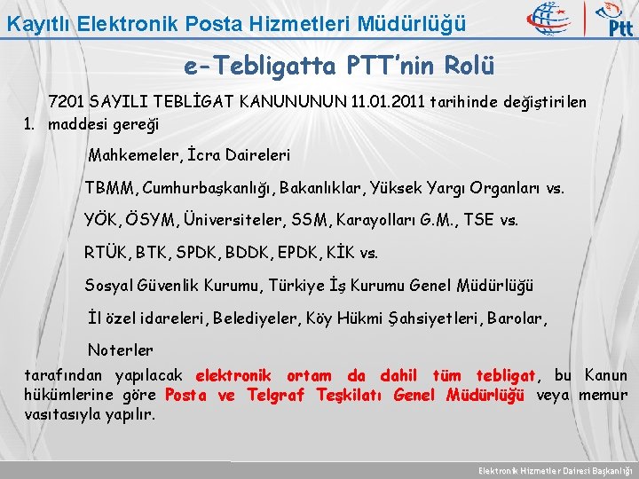 Kayıtlı Elektronik Posta Hizmetleri Müdürlüğü e-Tebligatta PTT’nin Rolü 7201 SAYILI TEBLİGAT KANUNUNUN 11. 01.