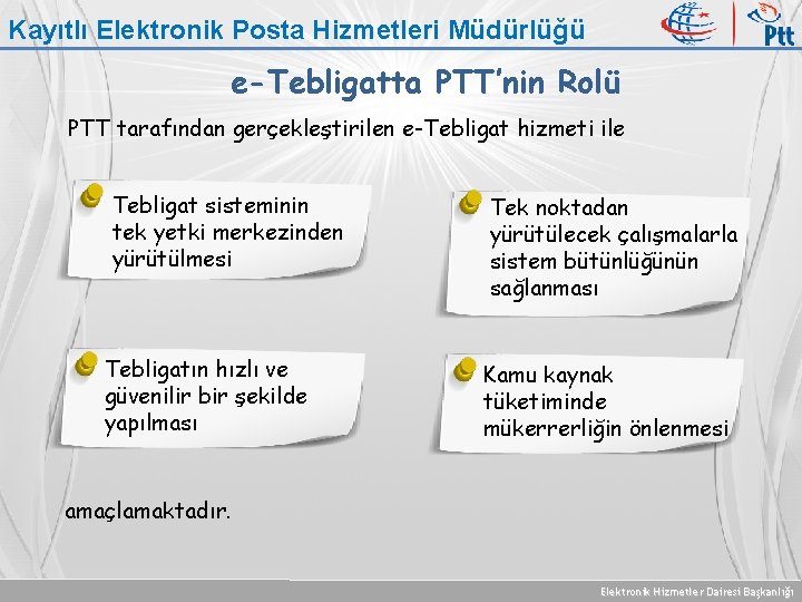 Kayıtlı Elektronik Posta Hizmetleri Müdürlüğü e-Tebligatta PTT’nin Rolü PTT tarafından gerçekleştirilen e-Tebligat hizmeti ile