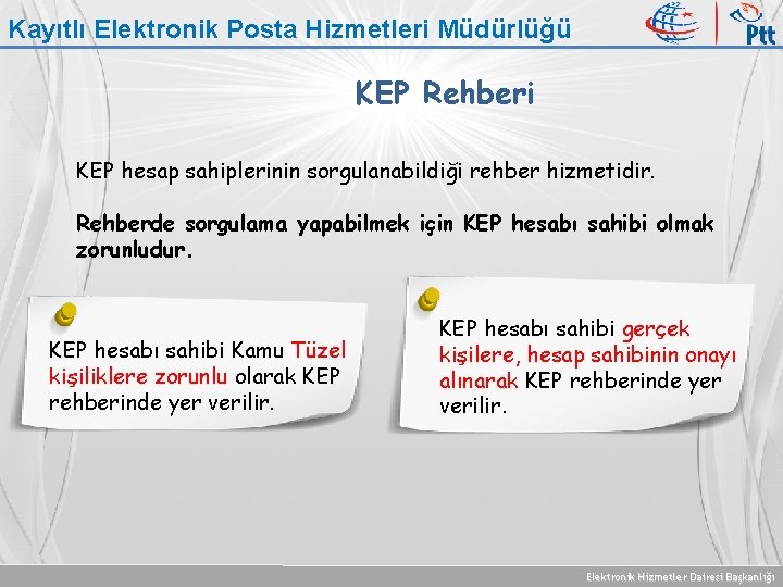 Kayıtlı Elektronik Posta Hizmetleri Müdürlüğü KEP Rehberi KEP hesap sahiplerinin sorgulanabildiği rehber hizmetidir. Rehberde