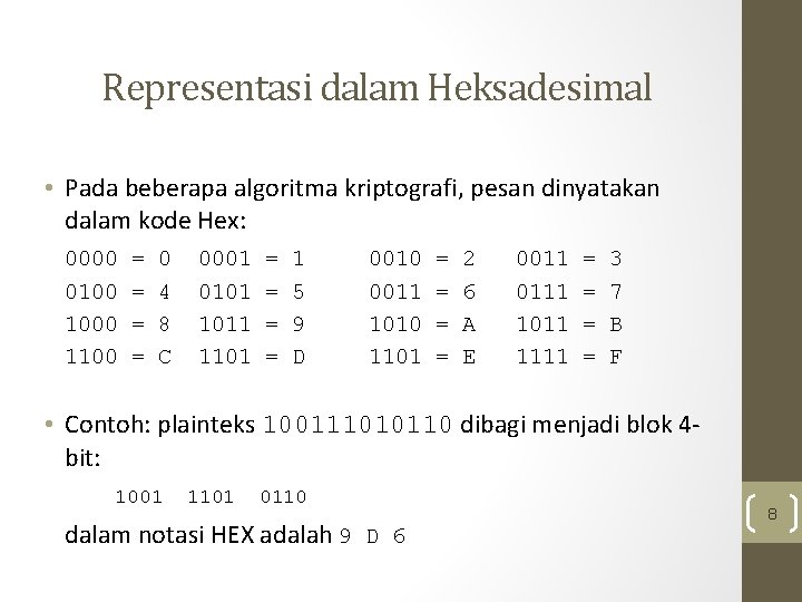 Representasi dalam Heksadesimal • Pada beberapa algoritma kriptografi, pesan dinyatakan dalam kode Hex: 0000