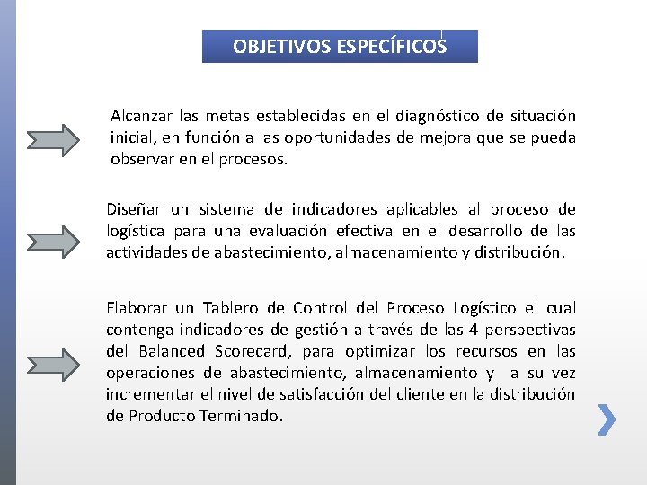 OBJETIVOS ESPECÍFICOS Alcanzar las metas establecidas en el diagnóstico de situación inicial, en función