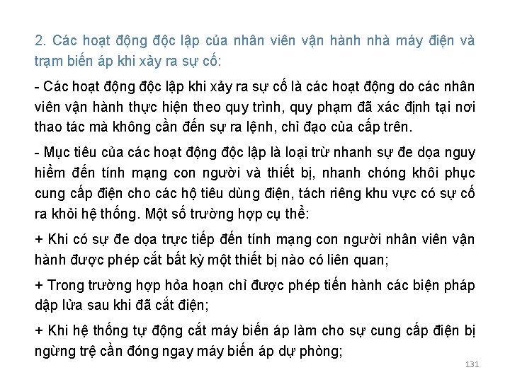 2. Các hoạt động độc lập của nhân viên vận hành nhà máy điện