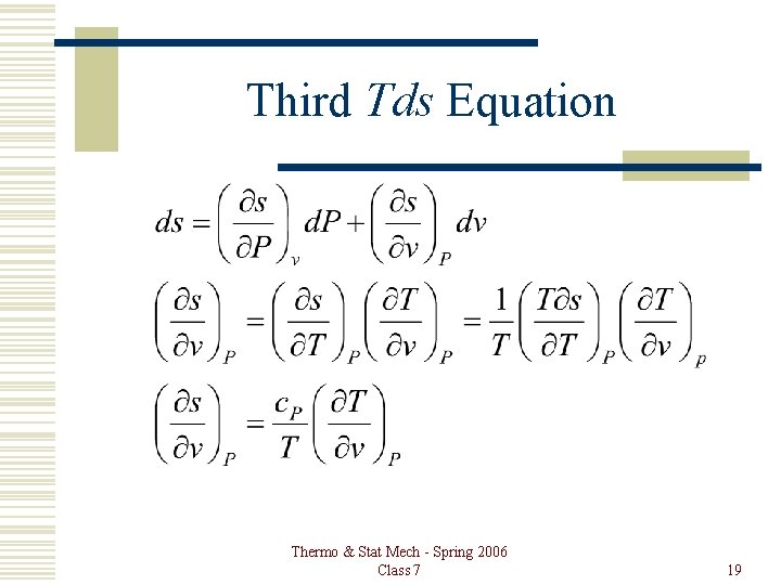 Third Tds Equation Thermo & Stat Mech - Spring 2006 Class 7 19 