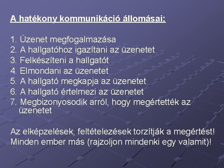 A hatékony kommunikáció állomásai: 1. Üzenet megfogalmazása 2. A hallgatóhoz igazítani az üzenetet 3.