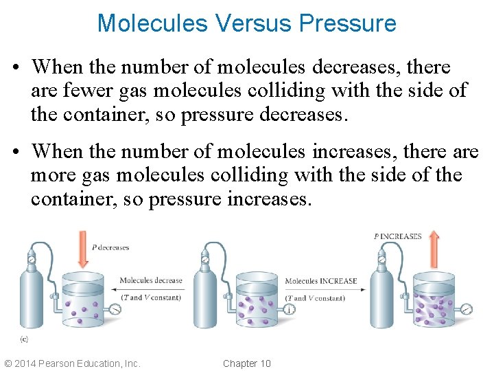 Molecules Versus Pressure • When the number of molecules decreases, there are fewer gas