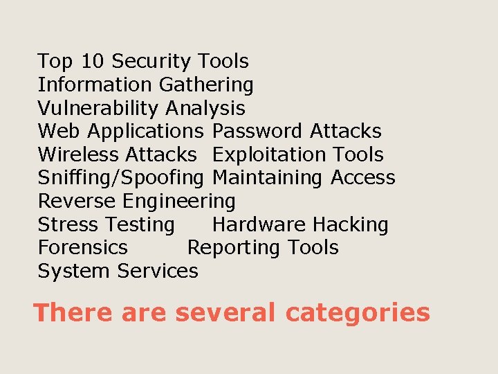 Top 10 Security Tools Information Gathering Vulnerability Analysis Web Applications Password Attacks Wireless Attacks