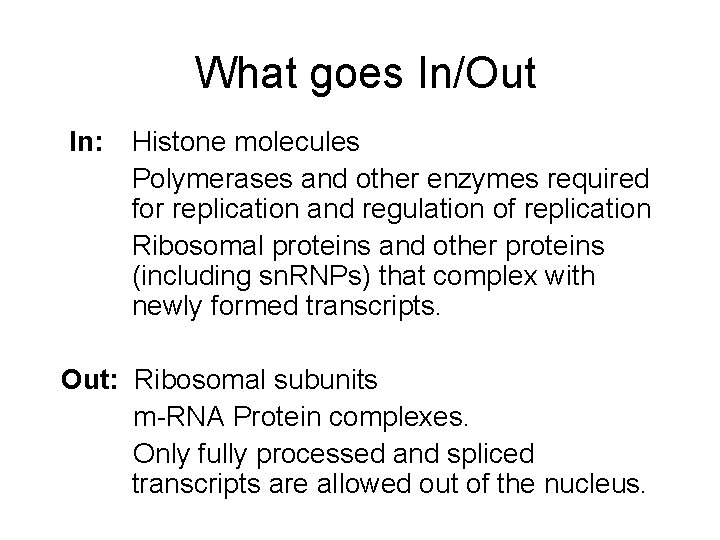 What goes In/Out In: Histone molecules Polymerases and other enzymes required for replication and