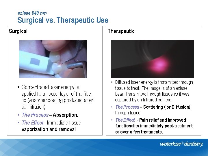 ezlase 940 nm Surgical vs. Therapeutic Use Surgical • Concentrated laser energy is applied