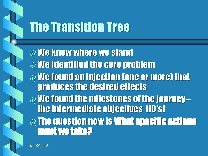 The Transition Tree b We know where we stand b We identified the core