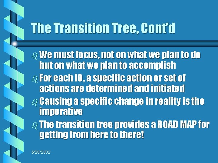 The Transition Tree, Cont’d b We must focus, not on what we plan to