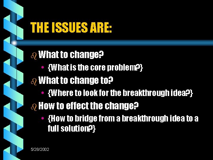 THE ISSUES ARE: b What to change? • {What is the core problem? }