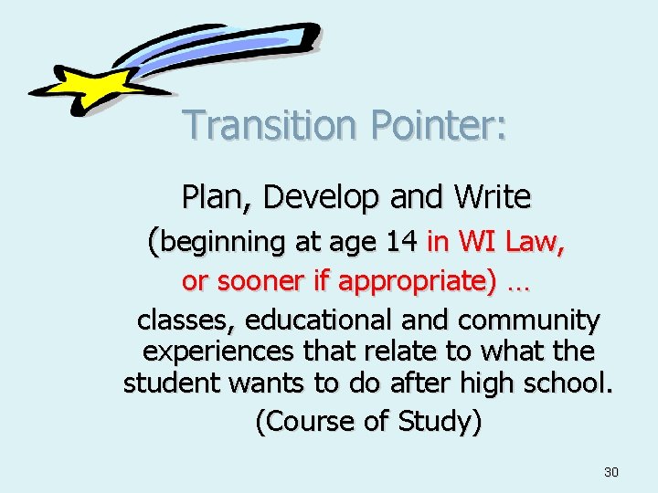 Transition Pointer: Plan, Develop and Write (beginning at age 14 in WI Law, or