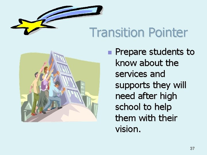 Transition Pointer n Prepare students to know about the services and supports they will