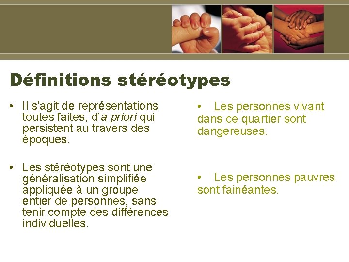 Définitions stéréotypes • Il s’agit de représentations toutes faites, d’a priori qui persistent au