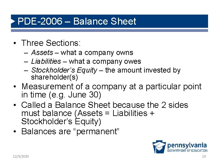 PDE-2006 – Balance Sheet • Three Sections: – Assets – what a company owns