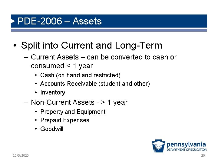 PDE-2006 – Assets • Split into Current and Long-Term – Current Assets – can