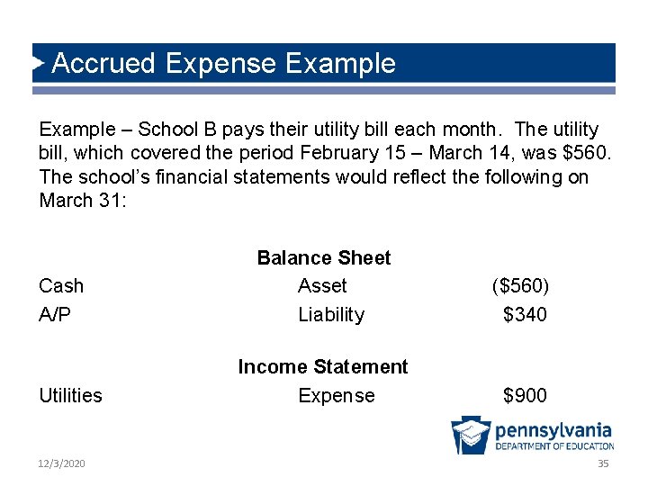 Accrued Expense Example – School B pays their utility bill each month. The utility Accrued Expense Example – School B pays their utility bill each month. The utility