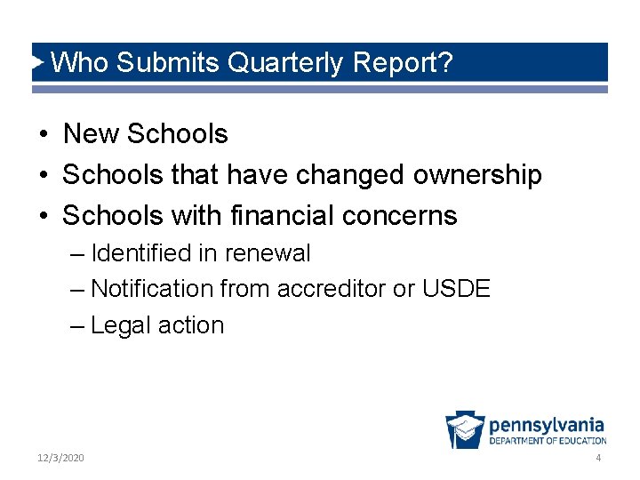 Who Submits Quarterly Report? • New Schools • Schools that have changed ownership • Who Submits Quarterly Report? • New Schools • Schools that have changed ownership •