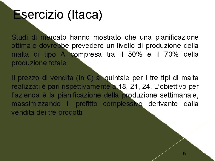 Esercizio (Itaca) Studi di mercato hanno mostrato che una pianificazione ottimale dovrebbe prevedere un