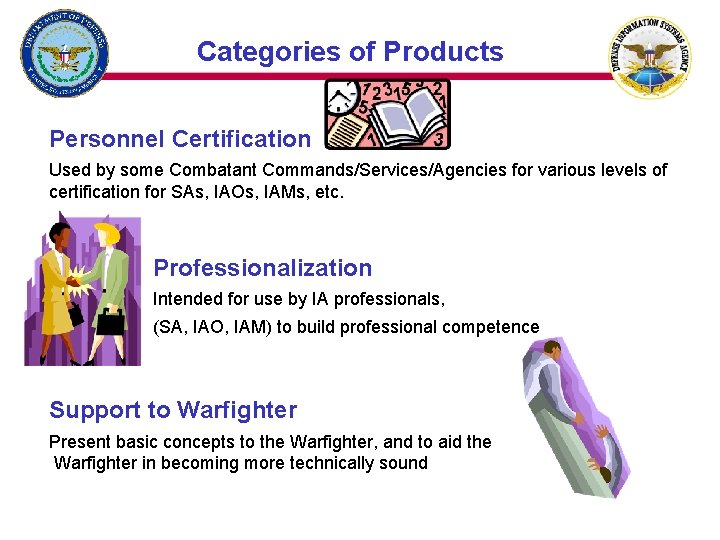 Categories of Products Personnel Certification Used by some Combatant Commands/Services/Agencies for various levels of